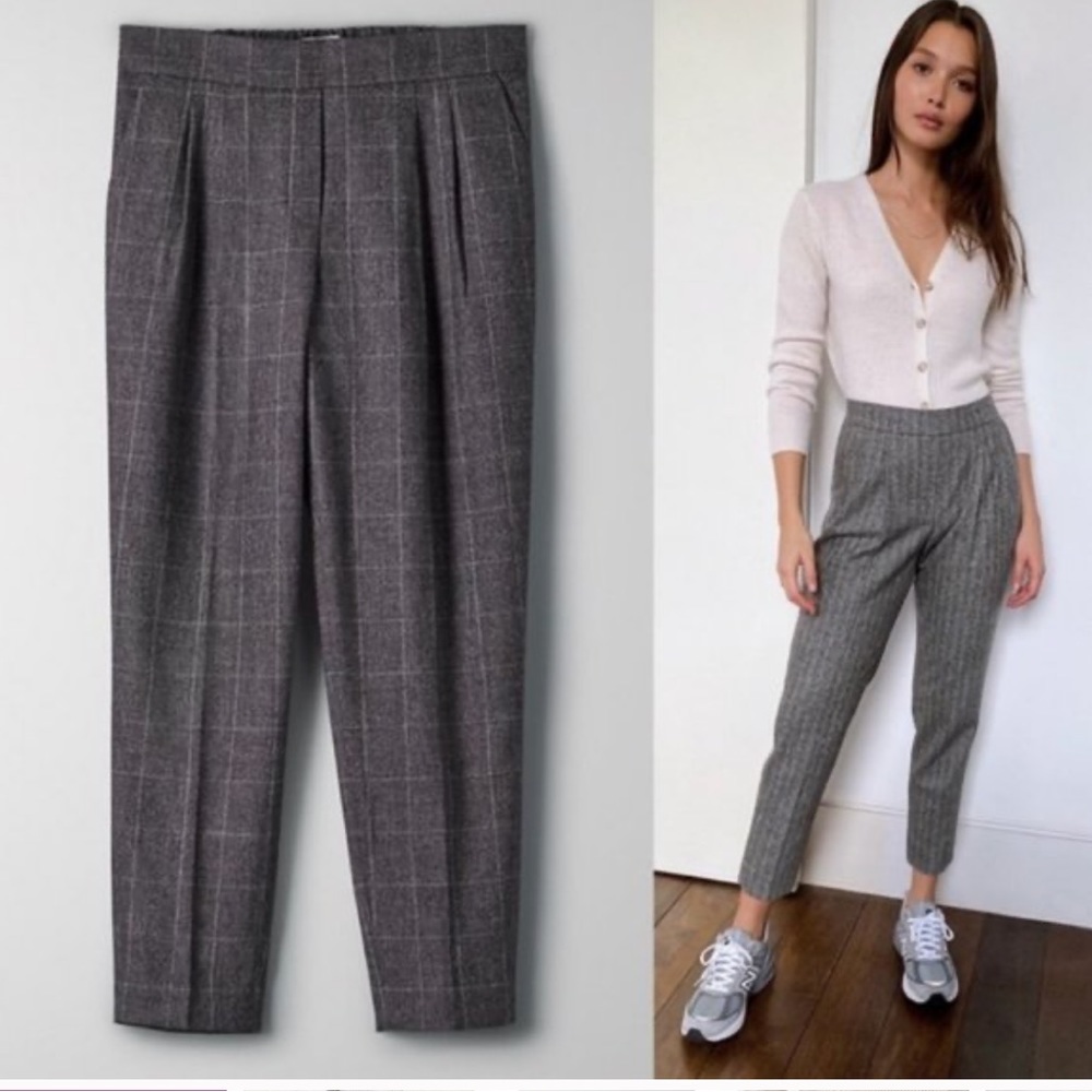 Aritzia Gray Windowpane Cropped Pleated Trousers